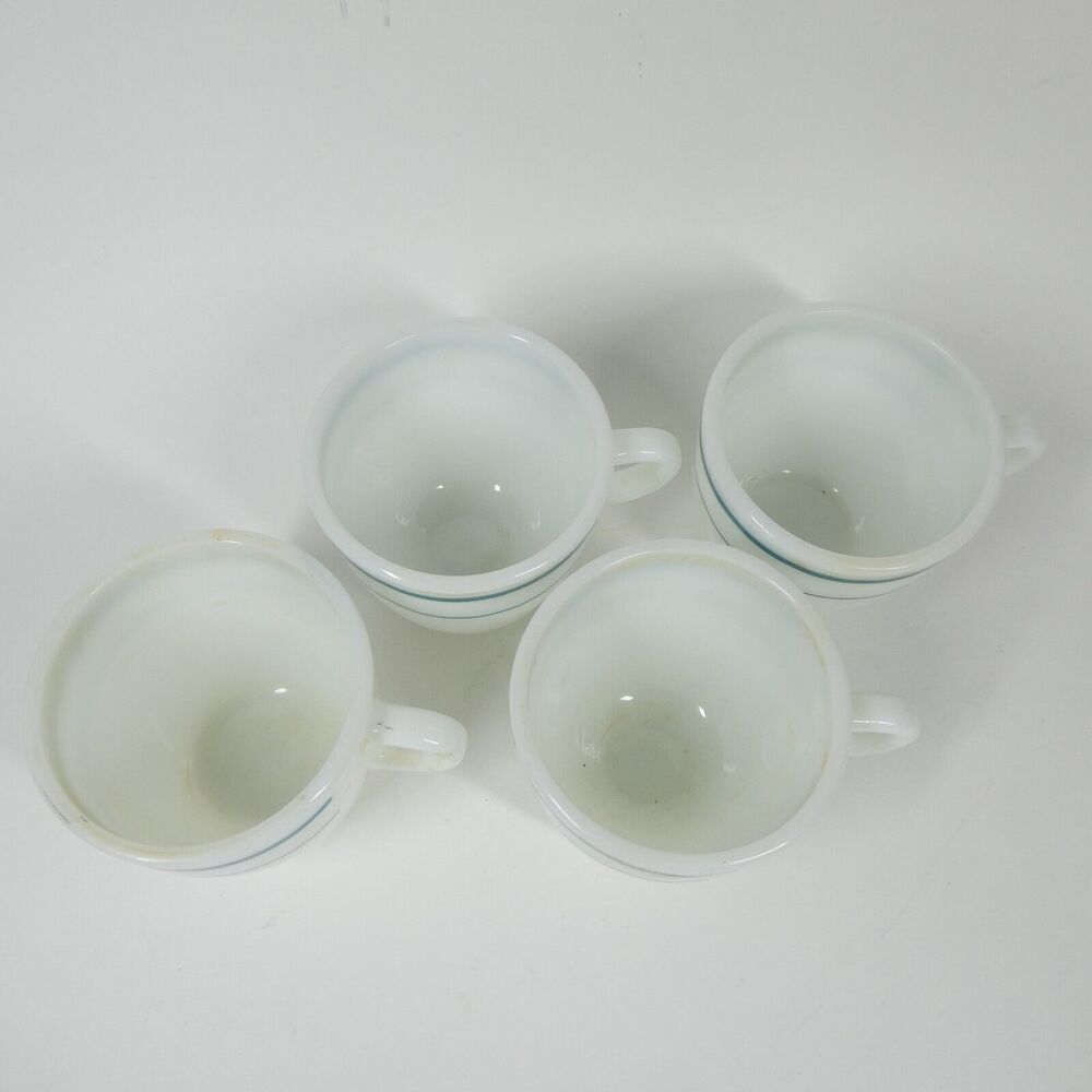 Anchor Hocking Anchorware 4 Teal Blue Stripe Coffee Mugs 910 Cups Vtg Milk Glass - Picture 2 of 14